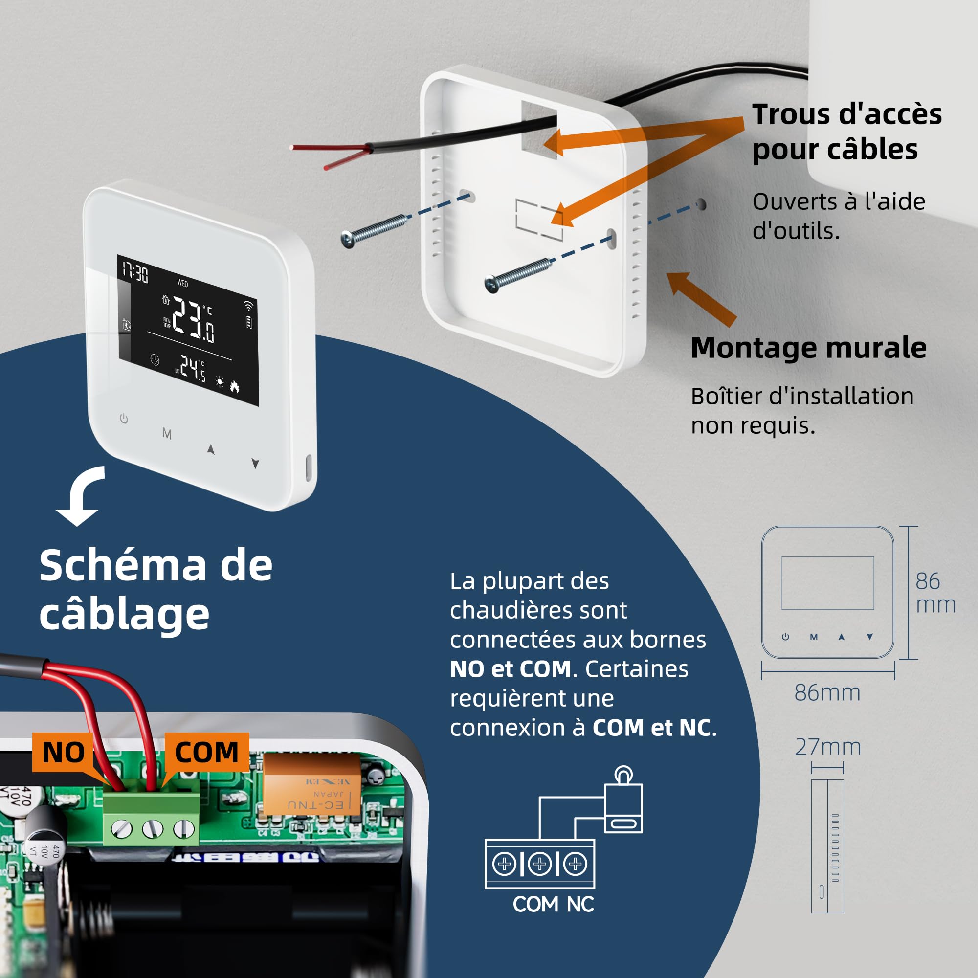 Beok Thermostat à Piles pour chaudière à gaz,Thermostat Mural à 2 Fils,Thermostats à Programmation Quotidienne,Thermostats d'ambiance,Alimentation par Batterie ou USB(Pile Non Incluse)