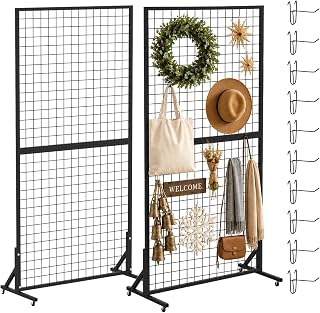 HEVIRGO 2Pcs Grid Wall Display Stands, Heavy Duty Retail Rack with Wheels