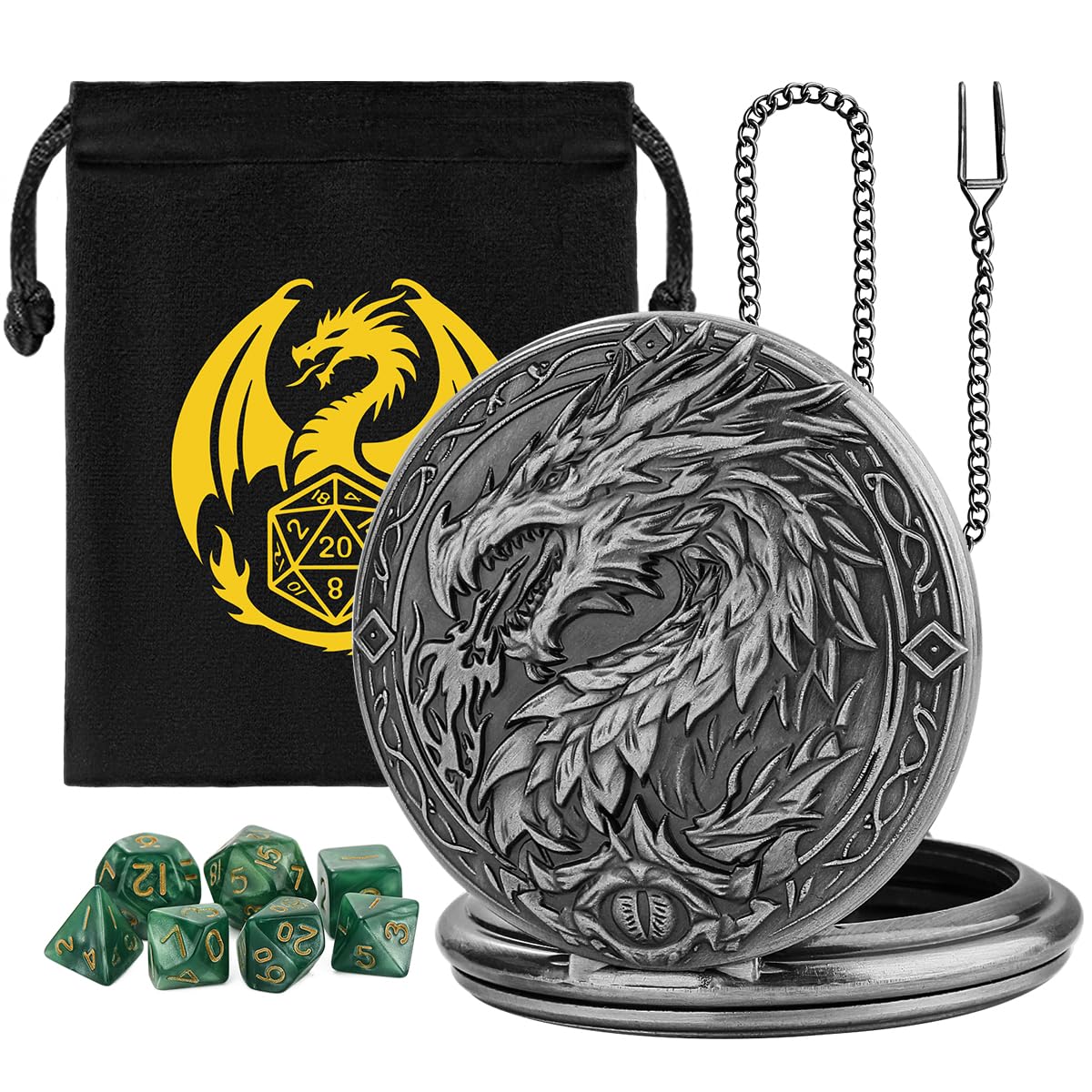 Mini DND Dice Set, 7-Piece Polyhedral Acrylic D&D Dice, with Steampunk Dragon Large Pocket Watch Case - Image 2
