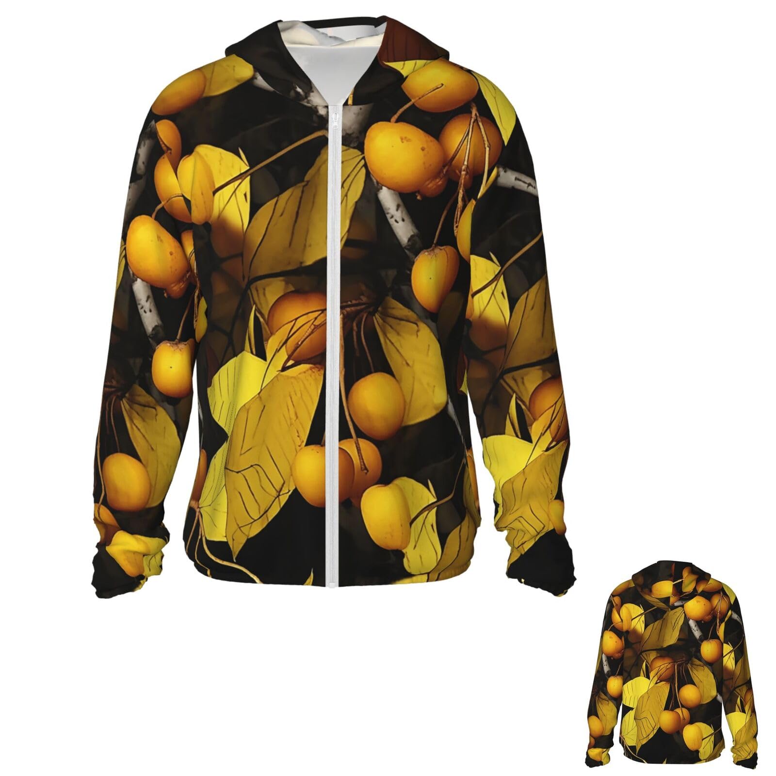 NONHAI Men's Sun Protection Jacket UPF 50+ Full Zipper Long Sleeve UV Hoodie Shirt Yellow leaves and fruits Women's Outdoor Jacket
