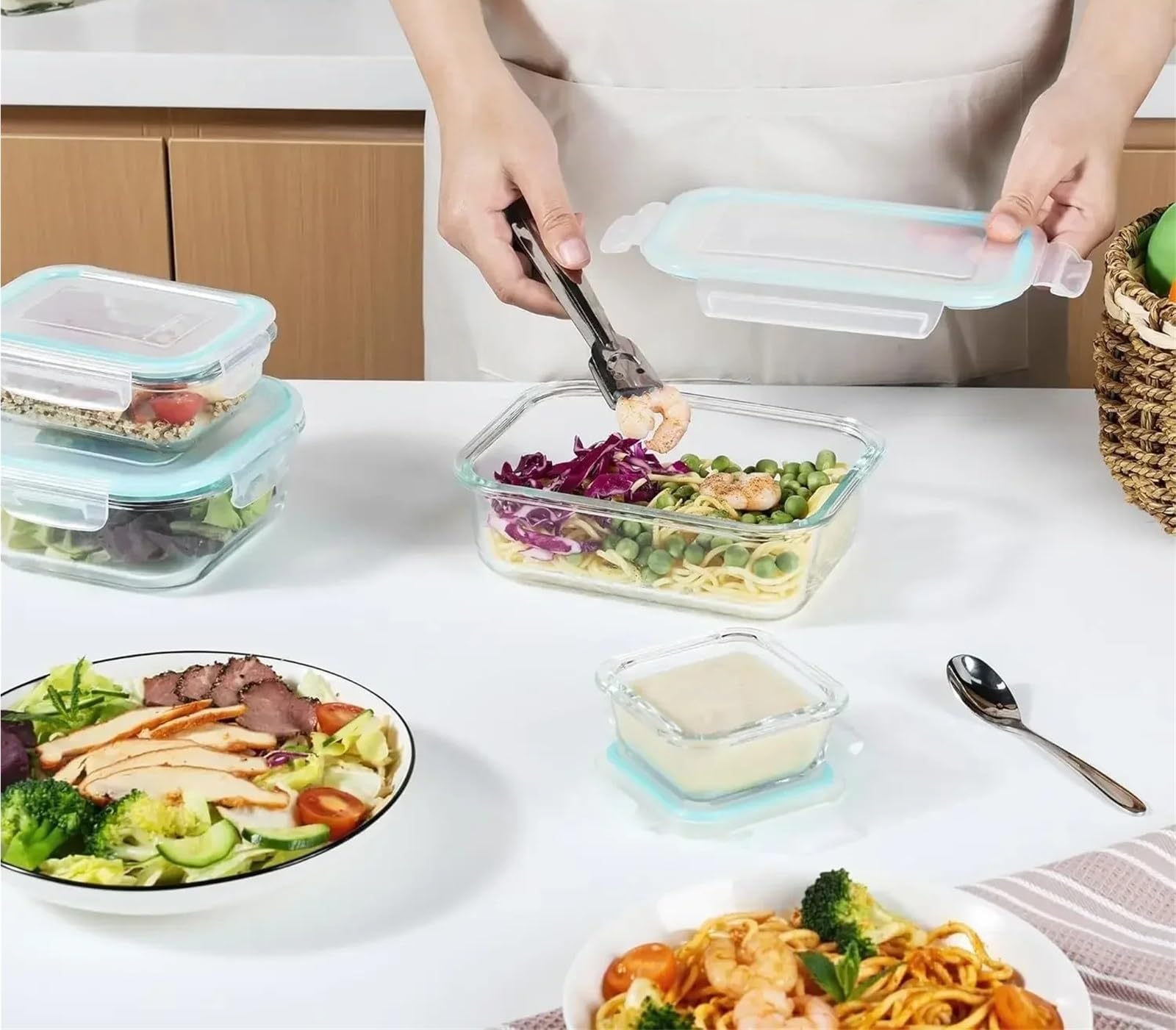 Bento pojemnik na lunch ze szkła, z pokrywką, nadaje się do kuchenki mikrofalowej i mycia w zmywarce, do przygotowywania posiłków do przechowywania żywności w biurze (1040 ml)