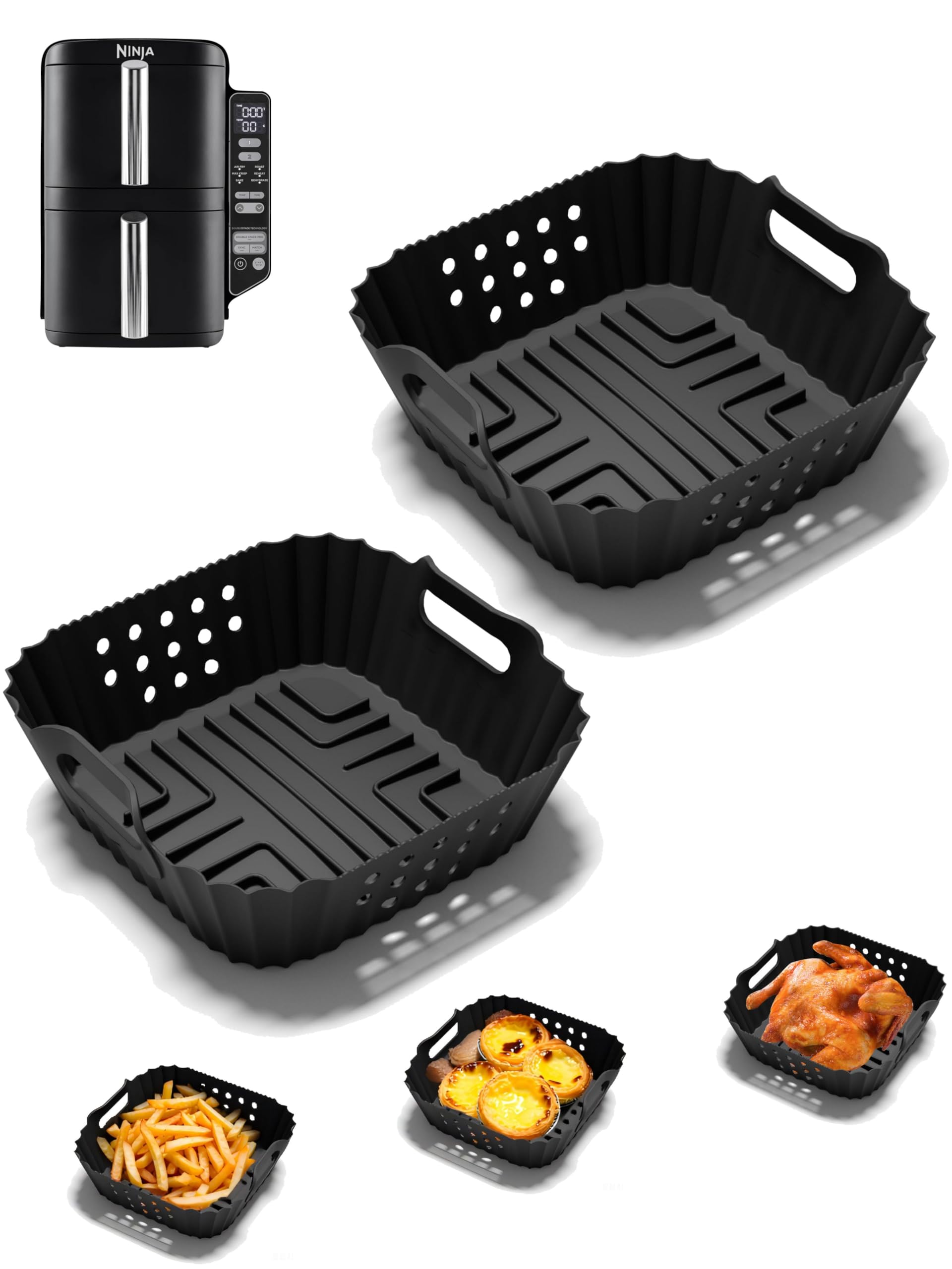 Air Fryer Silicone Liners for Ninja Double Stack 7.6L Air Fryer SL300UK, Dual Reusable Air Fryer Silicone Liners Double Stack Air Fryer Accessories for Ninja AF400UK, AF451UK(2PCS Black)