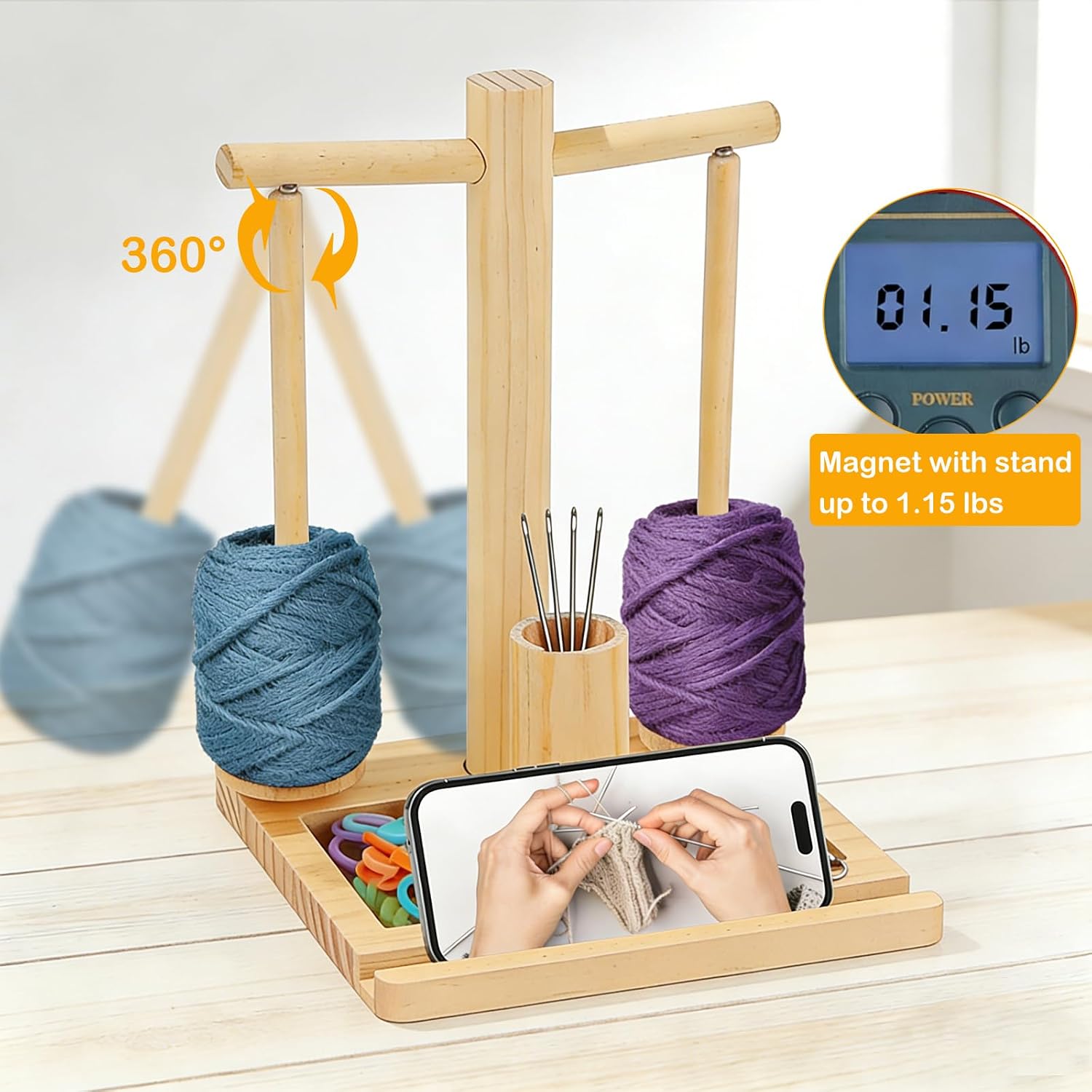 DOUBFIVSY Wooden Yarn Holder for Crocheting and Knitting, Magnetic Rotating Yarn Spinner with 2 Spindles, Phone Holder, Needle Storage, Crochet Gift for Knitting Lovers, Women Grandma Mother (Natural)
