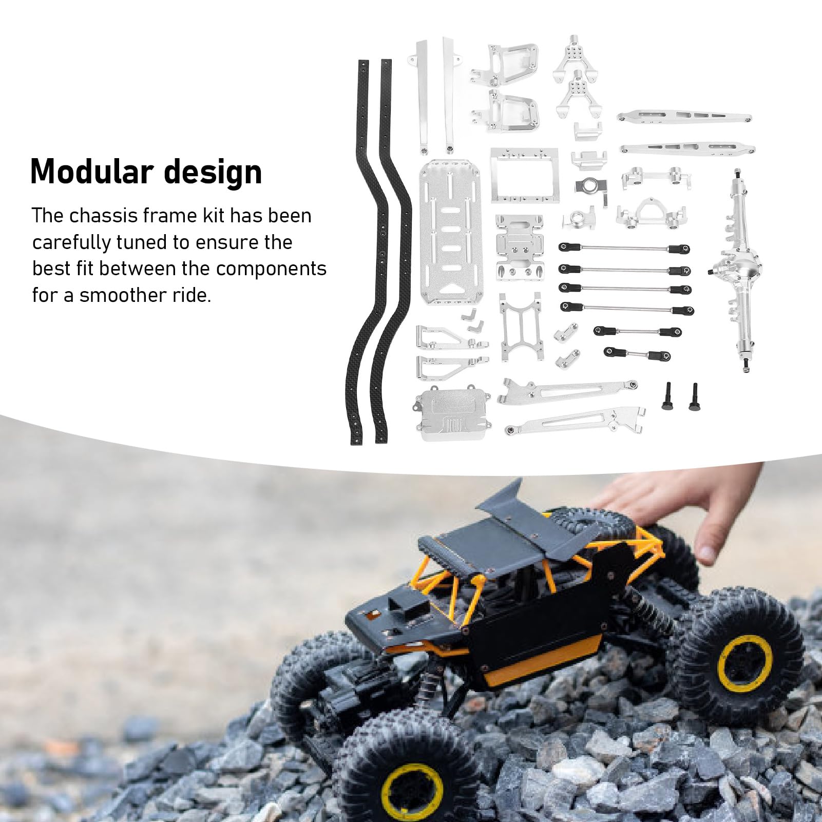 Cocoarm Zestaw Ramek Podwozia RC Metalowa Rama Podwozia RC ze Stopu Aluminium ze zintegrowaną osią i Amortyzatorami do Samochodów Gąsienicowych z Napędem na 2 Koła SCX10 Srebrna