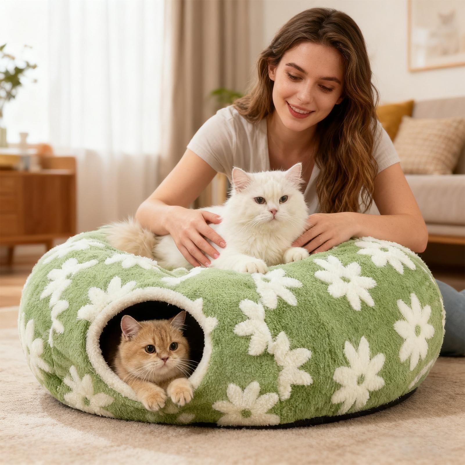 Tunnel pour Chat Caverne en Peluche Douce Lavable avec Balle | Tunnel Donut Interactif Pour Chat À Design Pour Divertissement, Ramper, Gratter, Intérieur, Extérieur, Chatons, Lapins,
