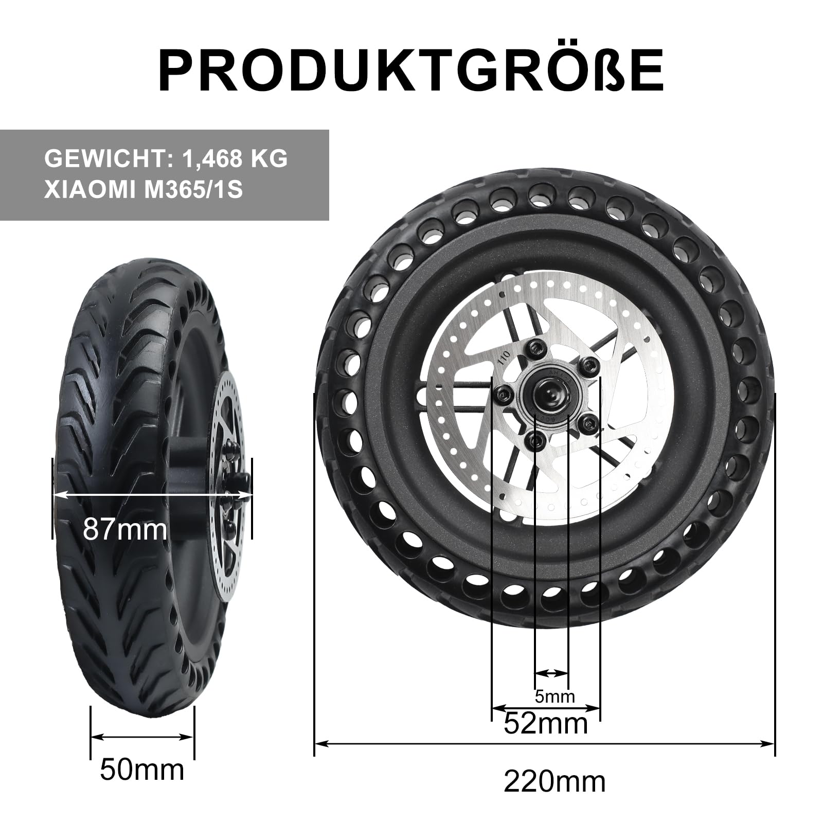 Roue Arrière pour Trottinette Xiaomi M365 / 1S, 8,5" Pneu Alvéolé Anticrevaison avec Jante et Disque de Frein 110mm