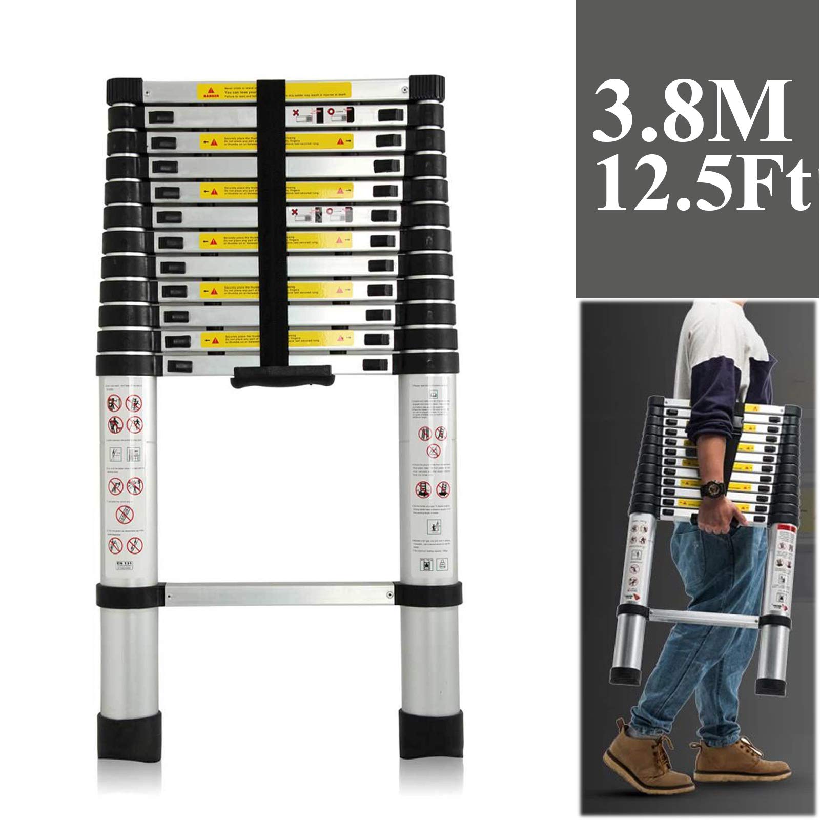 ZhanGe Telescoping Telescopic Ladder 12.5 FT/3.8M, Aluminum Extension Lightweight Folding Ladders for Home Use Roof RV Outdoor Activities,330Lbs Load