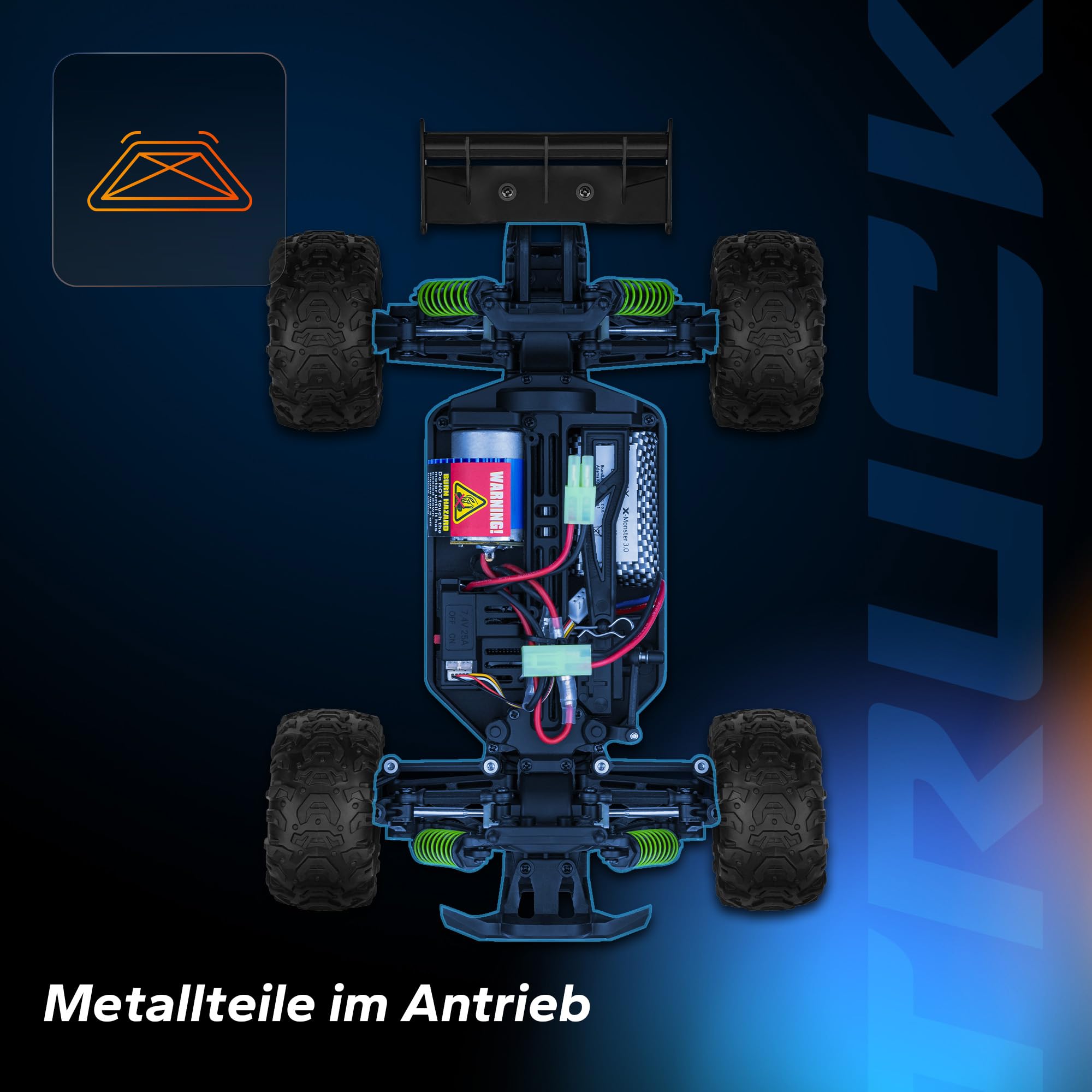 Overmax X-Monster 3.5 RC Truck 1:18, 30 km/h 4WD, 100 m Reichweite | 2×850 mAh Akku/40 Min, unabhängige Federung, 2 Karosserien, Metallantrieb