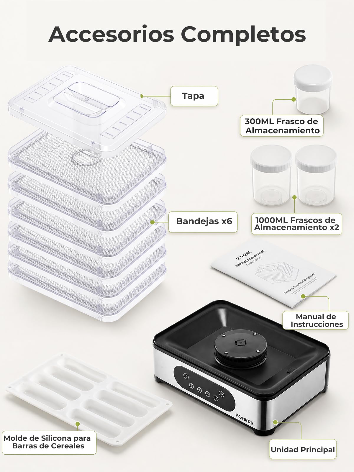 FOHERE Deshidratador de Alimentos, 6 Bandejas de Acero Inoxidable, 35-70°C | Temporizador de 48H, 400W, 3 Frasco de Almacenamiento, Molde de Silicona para Barras de Cereales, para Frutas Verduras Carne