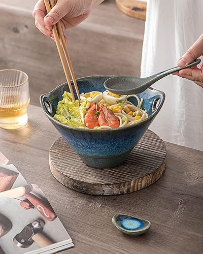 Miniatura 4 de UNICASA Juego de 2 cuencos japoneses para ramen con palillos, cucharas y reposos, cuencos de fideos de porcelana profunda de 26 onzas para Udon,