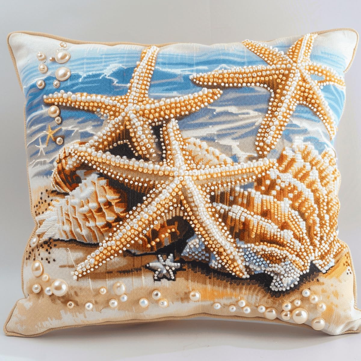 Kit ganci di chiusura fai-da-te Kit ganci di chiusura per stelle marine e conchiglie Kit per cuscini con ganci di chiusura Conchiglia con vista sul mare Kit per cucito Kit di filati per un 43x43cm