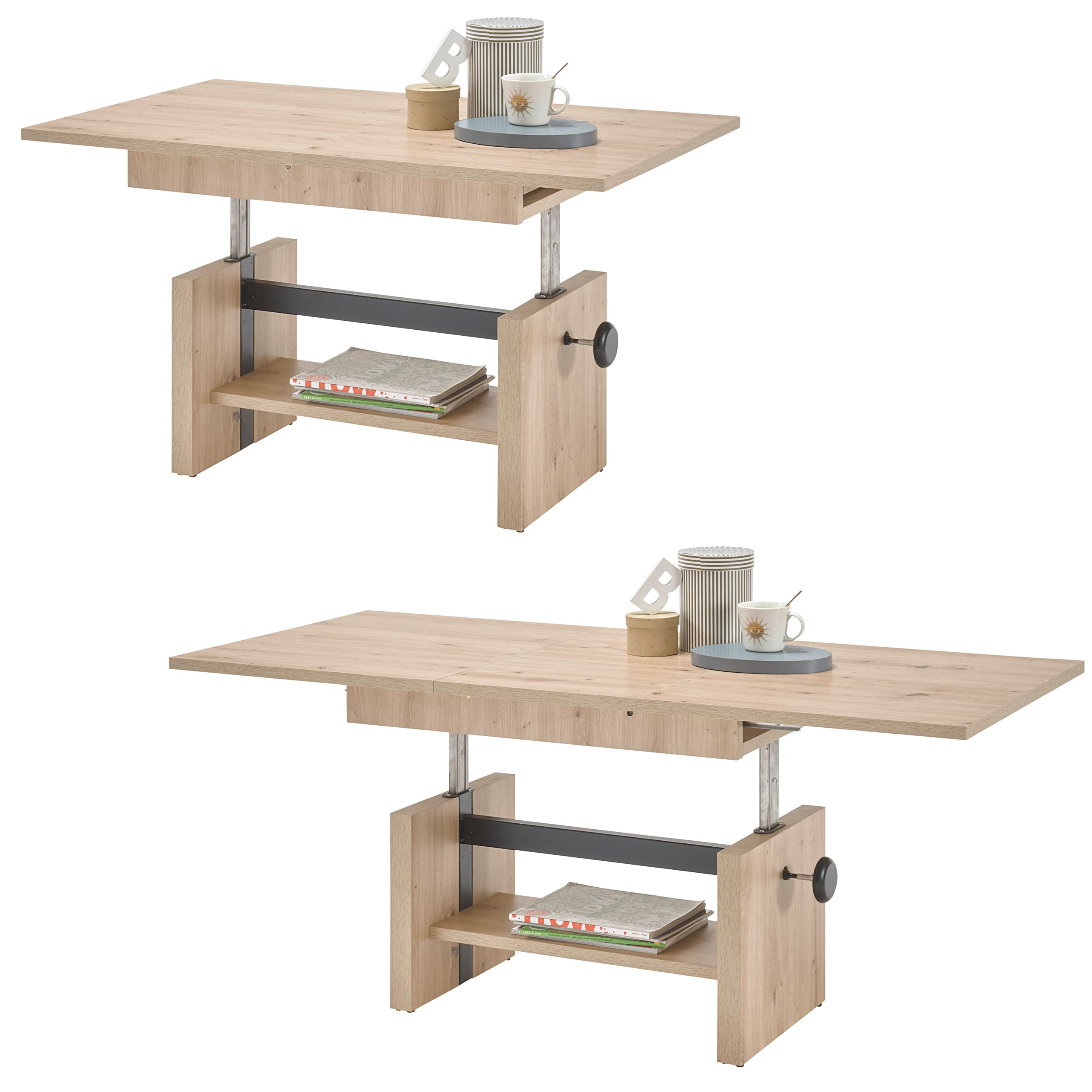 EVENT Couchtisch höhenverstellbar & ausziehbar in Artisan Eiche Optik - praktischer Sofatisch mit Ablage für Ihren Wohnbereich - 110 x 48 x 65 cm (B/H/T) | 110 x 48 x 65 cm (B/H/T), mit Ablagefach, pflegeleicht, auf 150 cm Breite erweiterbar, Sofa Tisch,