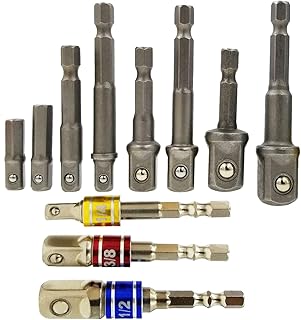 Tonmp 11 Pieces Socket Adapter Impact Set Hex Shank Square Nut Driver Power Drill Bit to 1/4" 3/8" 1/2" Extension Socket Adapter Set for Cordless Drill