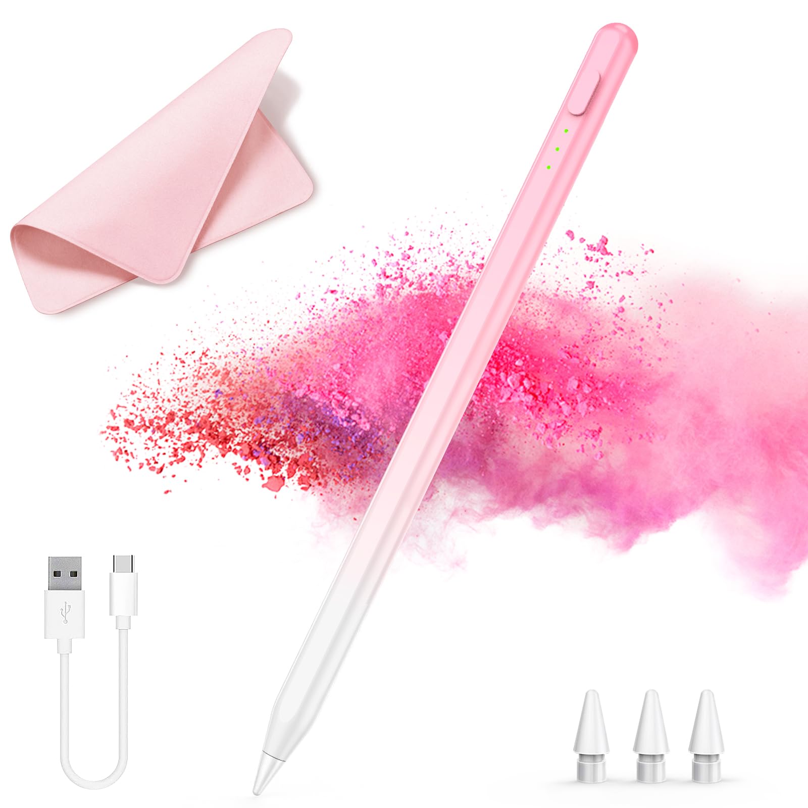 Stylet iPad 2018-2025, Charge Rapide 14 Min, Rejet Paume, Sensibilité Inclinaison, Stylo iPad 11/10/9/8/7/6, Pro 12.9/11/13 M4, Mini 6/5, Air 5/4/3/11-13 M2/M3 (Rose)