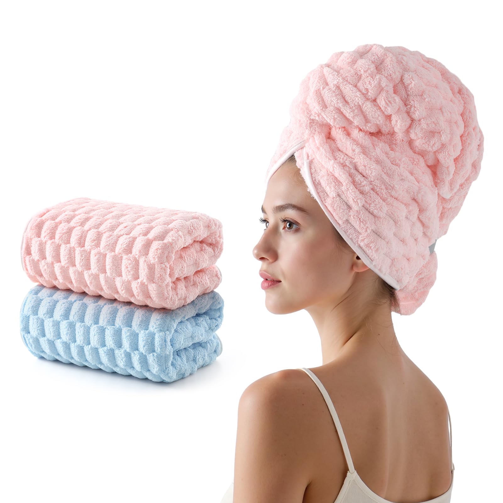 REDKISS 2 Pack Microfiber Hair Towels - Extra Large Hair Towel Wrap for Women, 24x42 inch Pink Hair Towels with Elastic Strap, Super Soft Blue Hair Drying Towels Curly Anti Frizz Turbans
