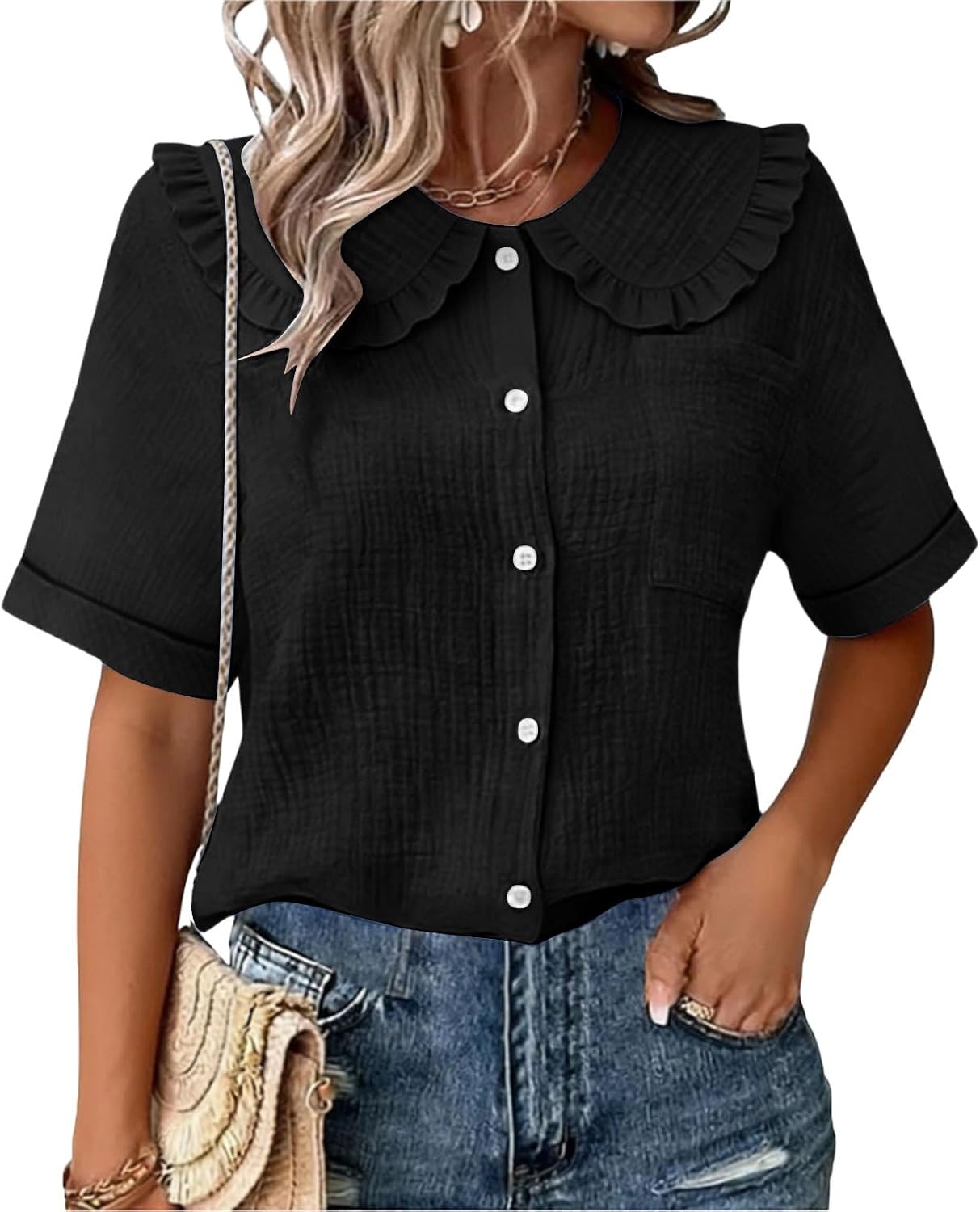 Women's Peter Pan Collar Short Sleeve Shirt Button Down Curved Hem Blouse Tops Summer Loose Fit Casual Textured Tops