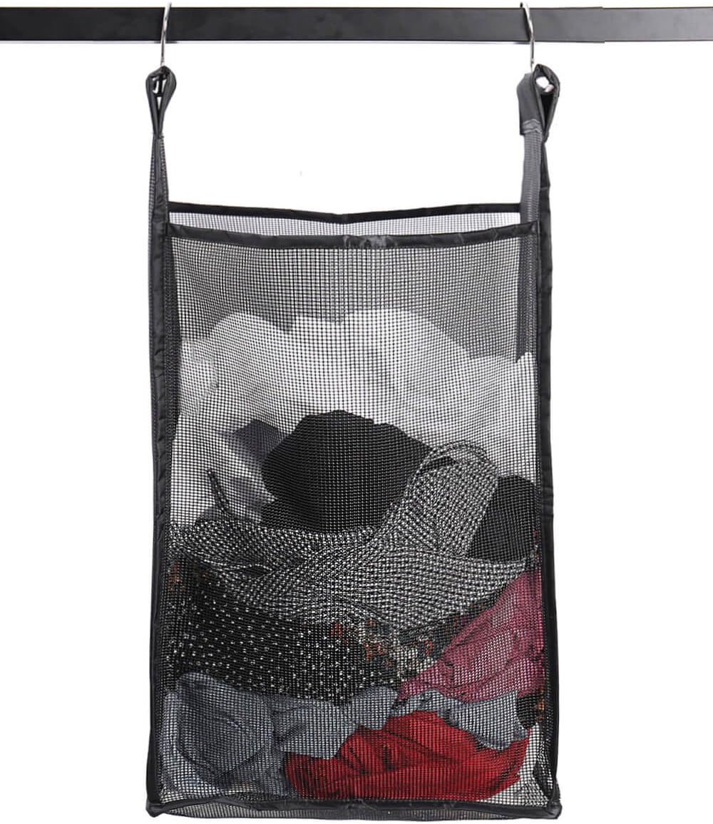 ALYERALYER Hanging Collapsible Mesh Laundry Hamper,Large Capacity Door-Hanging Laundry Basket and Durable Bathroom Storage Bag with Two Hangers,Black