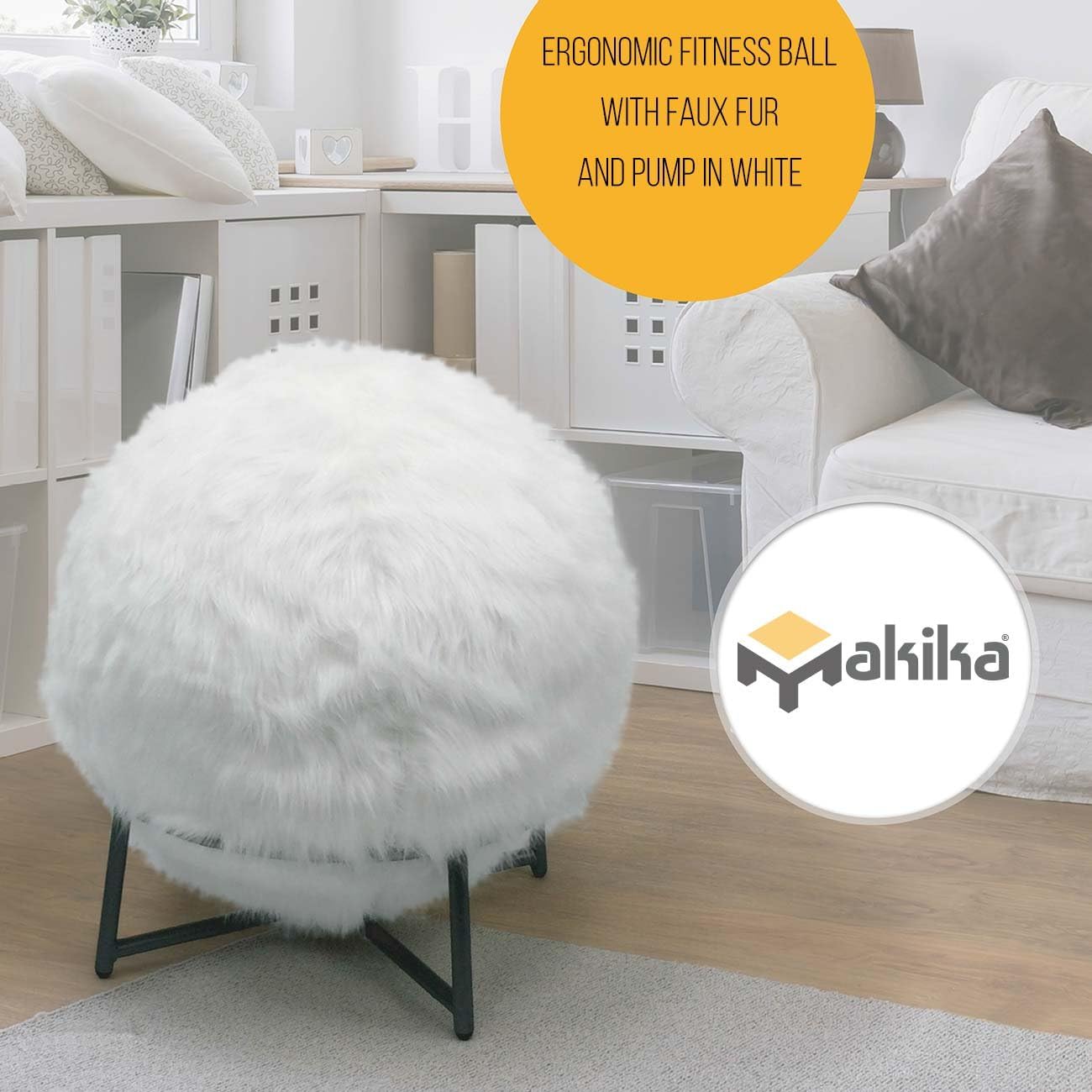 Exercise Ball Yoga Swiss Fitness Workout Balance Ball Strength Birthing Stabilization Physical Therapy Training Pilates Ball Work Desk Office Ball Size 55 cm Hand Pump Kit with Ball Base Stand and white Fake Fur