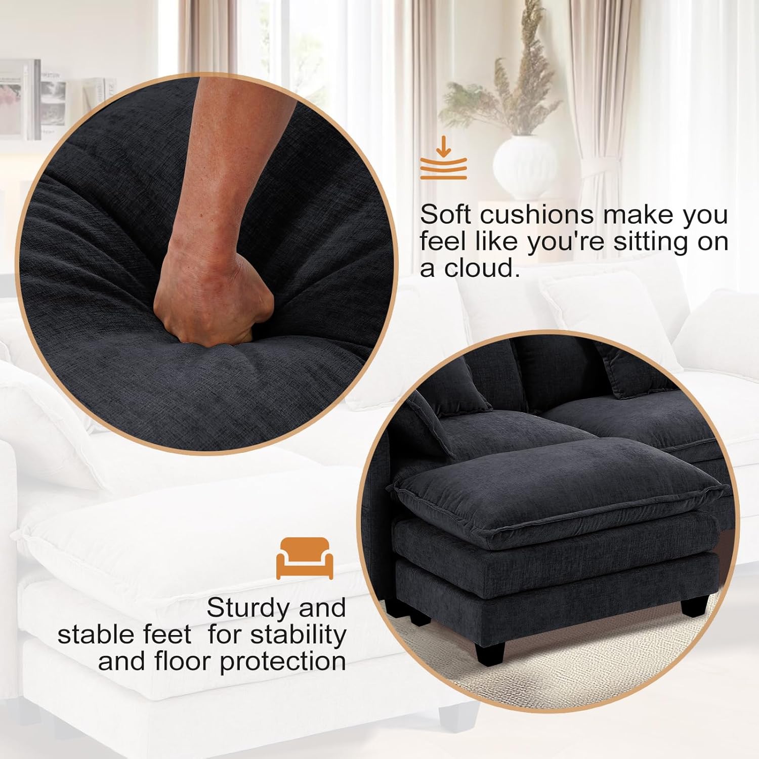 Furniliving 120‘’ L-Shaped Sofa, Luxury Chenille Modular Sectional Couches with Ottoman, Upholstered Deep Seat Sleeper Sofa with Memory Foam and Waist Pillows, Black