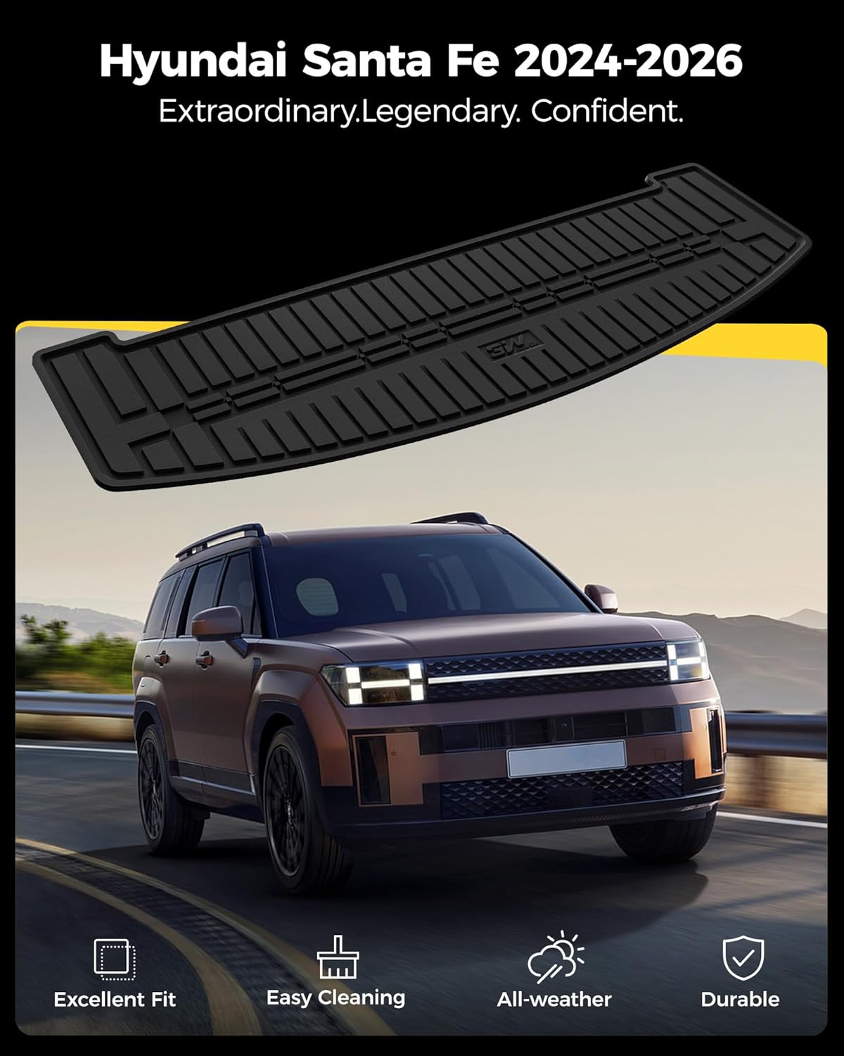 3W Cargo Liner for 2024 2025 2026 Hyundai Santa Fe Trunk Mat Accessories, All Weather TPE Anti-Slip Heavy Duty - Image 2