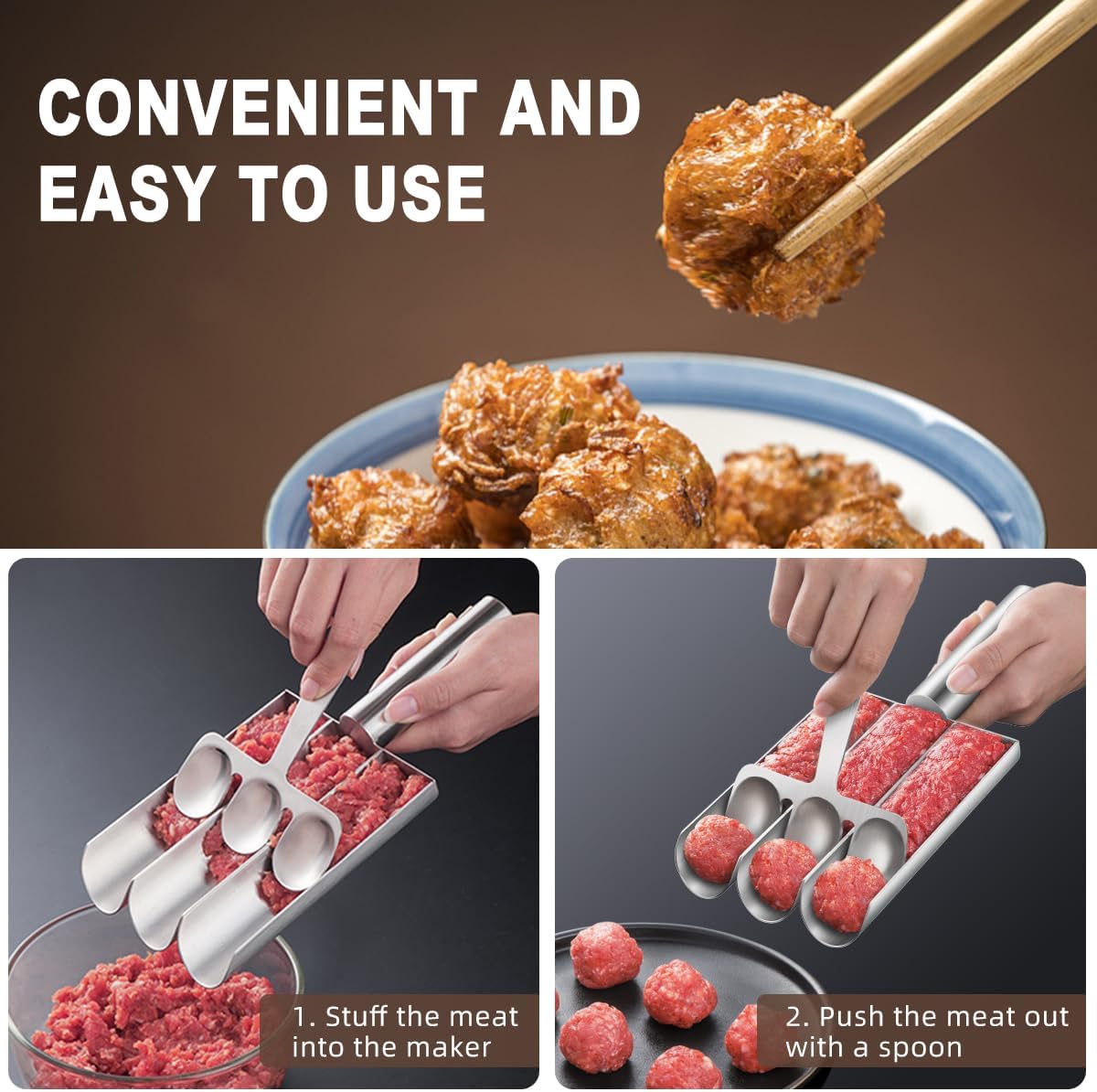 Premium Triple Meatball Maker Tool, 304 Stainless Steel Meatball Scoop Ball Maker, Non-Stick Meat Baller for Easy Meatball Making, Kitchen Meatball Making Tool for Cooking and Baking