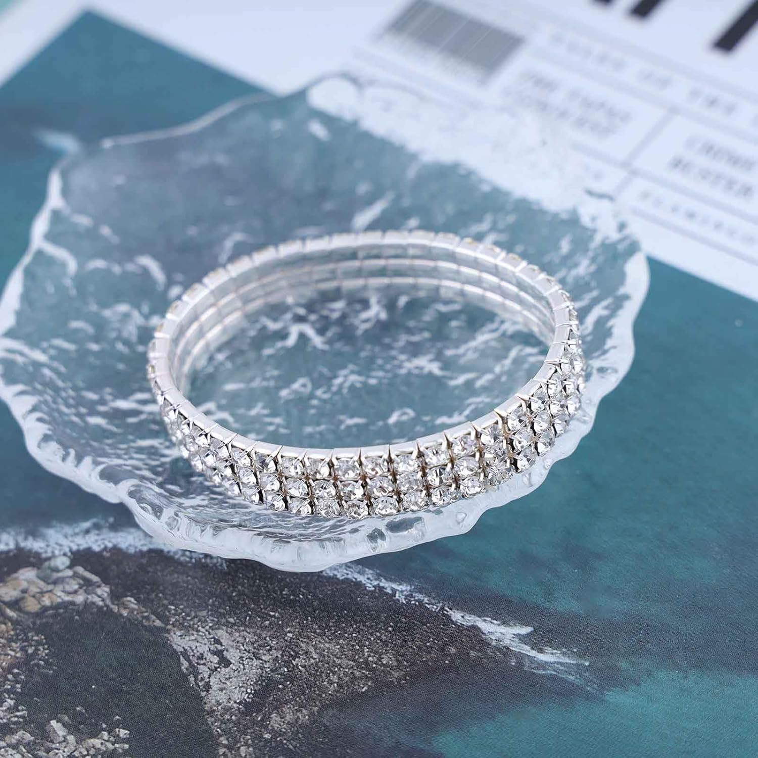 Vintage Layered Rhinestone Tennis Bracelet Elastic Crystal Chain Bracelet Stretch Cz Bracelet Crystal Bride Cz Hand Chain Bracelet Jewelry for Women - Image 3