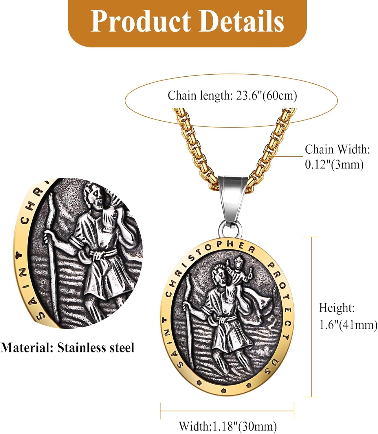 St. Christopher Medal Necklace for Men: Stainless Steel Religious Protection Cross Amulet Pendant for Women Travelers Adventurers - Image 4