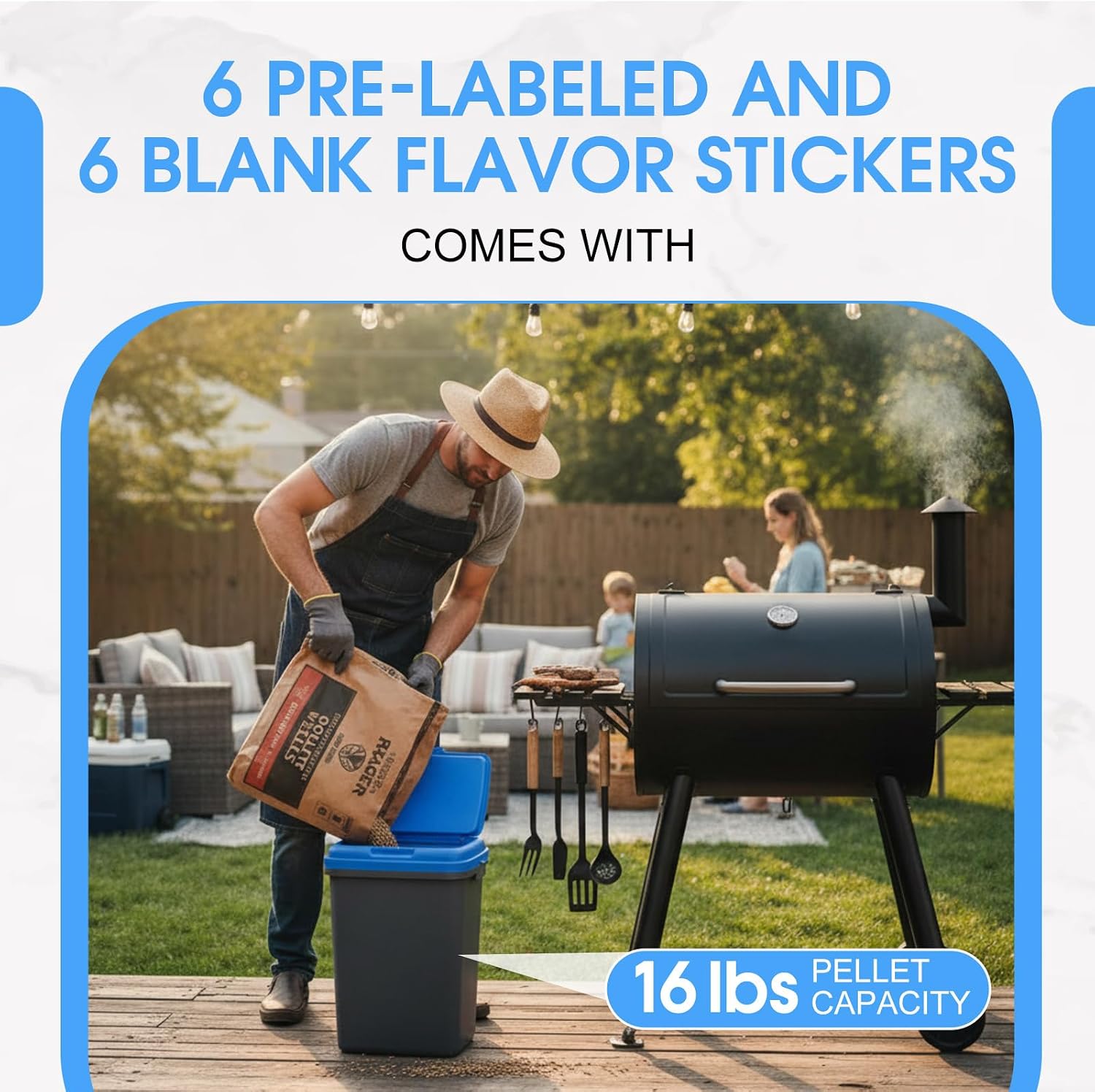 Kathfly Dry Pellets Storage Bin with Locking Lid, 16 lb Capacity Wood Pellets Container with Flavor Stickers Includes Scoop, Stackable Design, Sealed Storage for BBQ