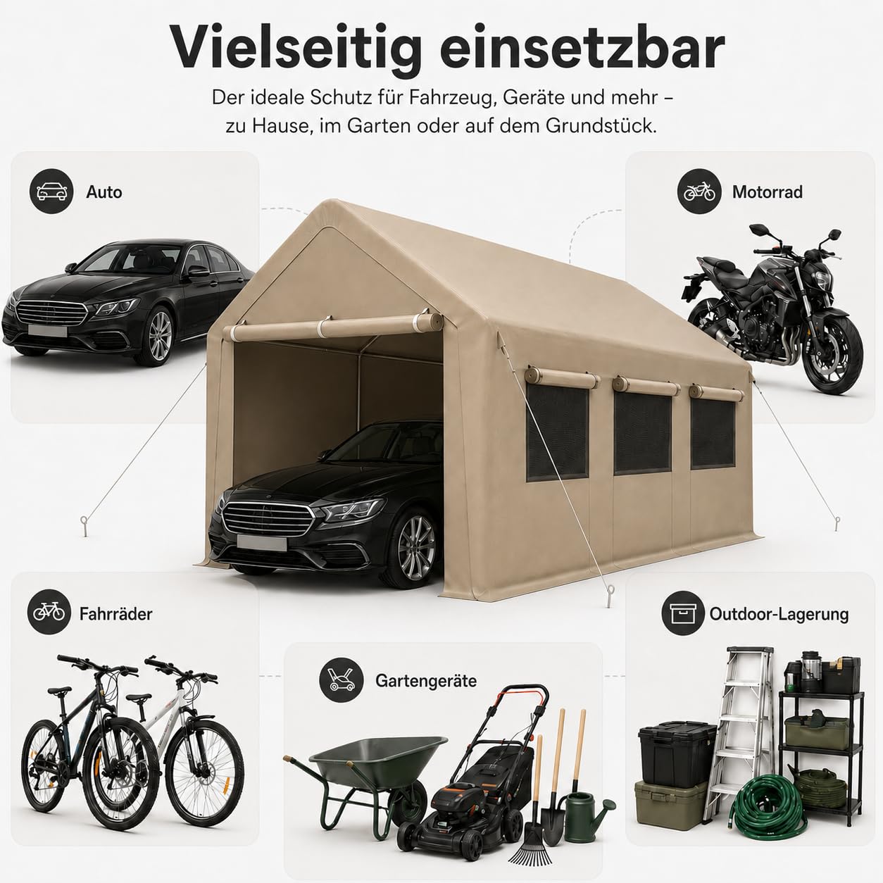 Carport Zeltgarage 3x6 m Winterfest – Garagenzelt mit Rolltor & Seitenfenstern – Wasserdichtes Oxford-Gewebe, Stabiler Stahlrahmen – Auto Carport & Unterstand für PKW, SUV & Motorrad