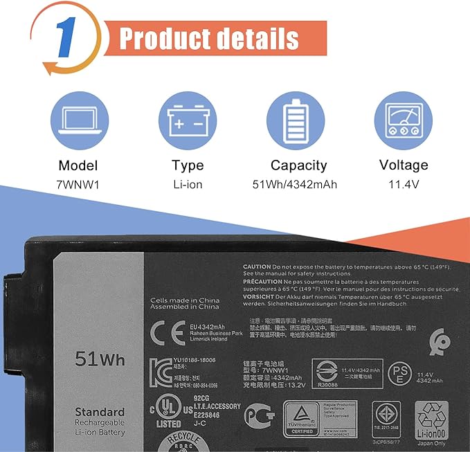 Batería ASODI 7WNW1 51Wh 6 celdas para Dell Latitude Rugged miniatura 2