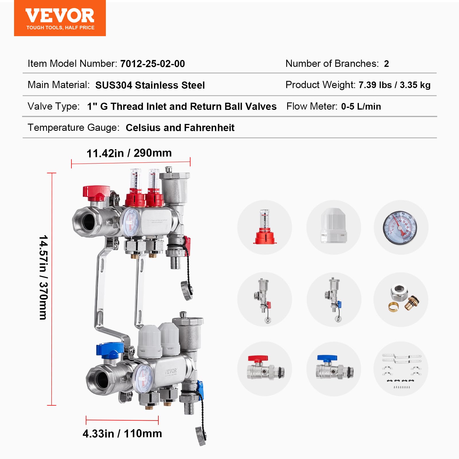 VEVOR 2-gałęziowy kolektor grzewczy do rur PEX 12,7 mm ze stali nierdzewnej PEX, z adapterami 12,7 mm, do hydronicznej podłogi promiennej, zestaw kolektora PEX