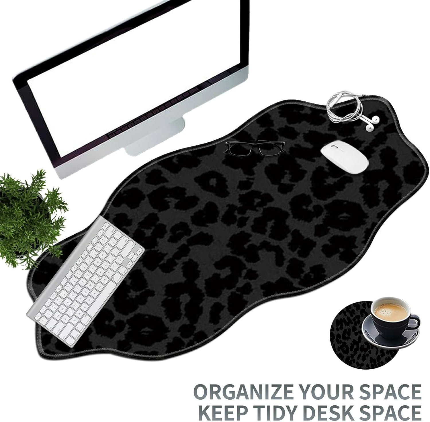 Black Leopards Large Gaming Mouse Pad Plus a Coaster, 35.4 x 15.7 inches Desk Mat Extended XXL Mousepad with Stitched Edge Non-Slip Rubber, Desk Pad Computer Mouse Mat for Home Office