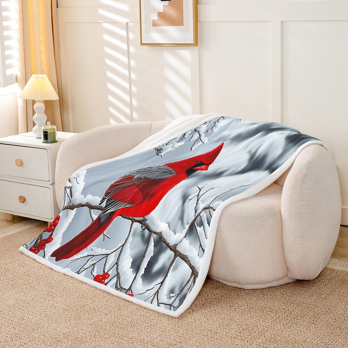 Feelyou Red Cardinal Sherpa Blanket Throw 50"x60" Christmas Fleece Throw Blanket Ultra Soft Berries and Cardinals Pattern Printed All Season, Winter for Sofa Couch Christmas Flannal
