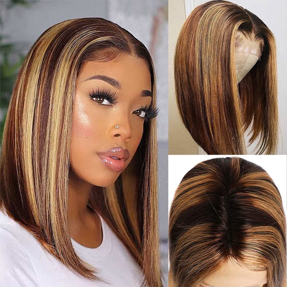 Royal Lady Highlight Bob Wig Human Hair 4/27 Honey Blonde 13x4 HD Lace Front Wigs Human Hair Pre Plucked with Baby Hair 180% Density Glueless Ombre Colored Straight Short Bob Wigs for Women 12 Inch
