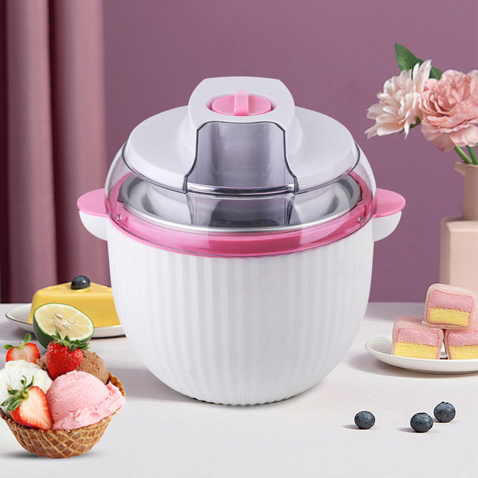 Soft-Serve-Eismaschine für Zuhause, 1L Automatischer Eiscremebereiter Mini, Tragbarer Frozen-Joghurt-Hersteller mit Dessertfunktion, Kompakte Küchenkleingeräte für Eiscreme und Sorbet (Rosa, A)