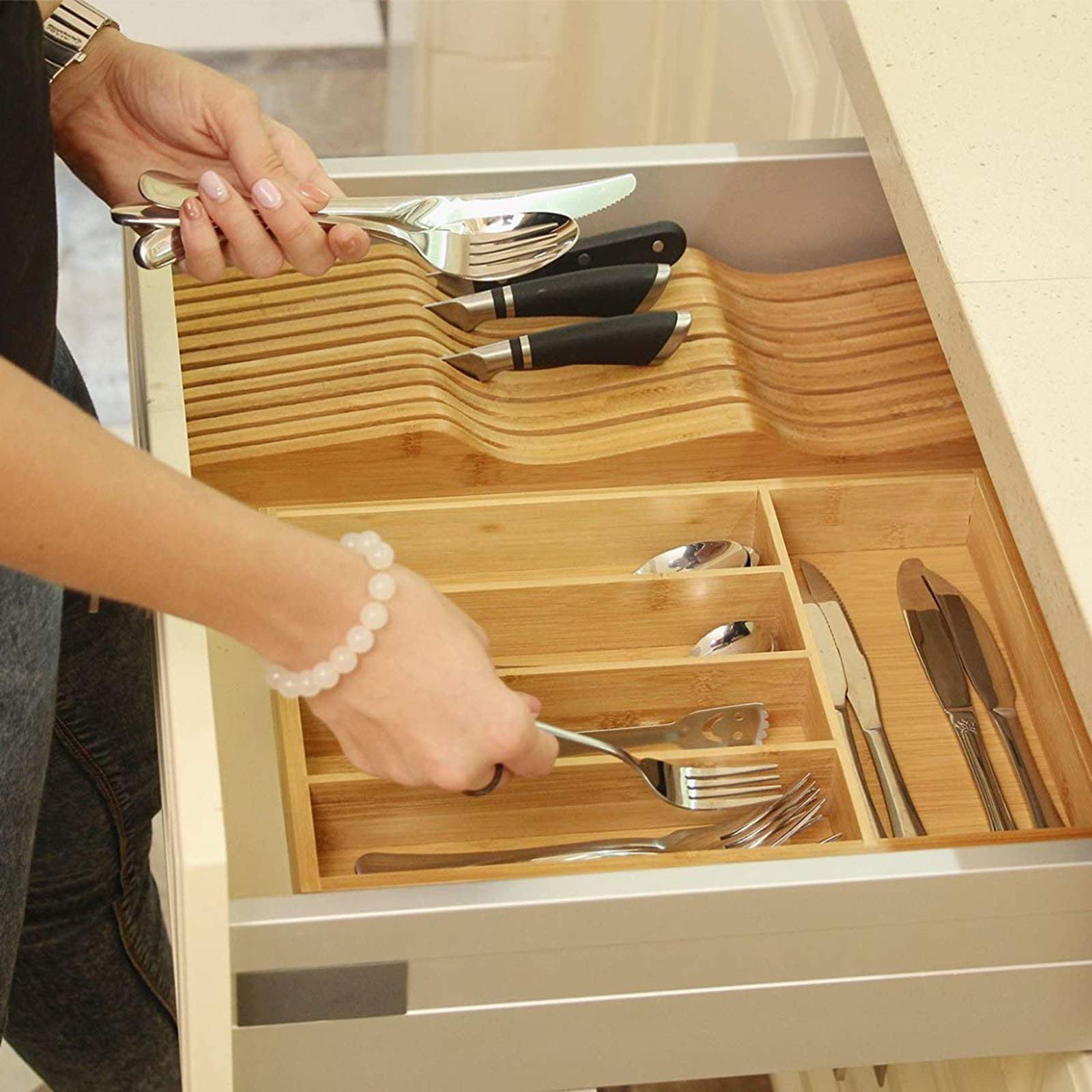 Vassoio portaposate, 5 Scomparti Organizzatori per Posate da Cucina Vassoio portaposate con divisori per cassetti scanalati per cucchiai Forchette Utensili da Cucina