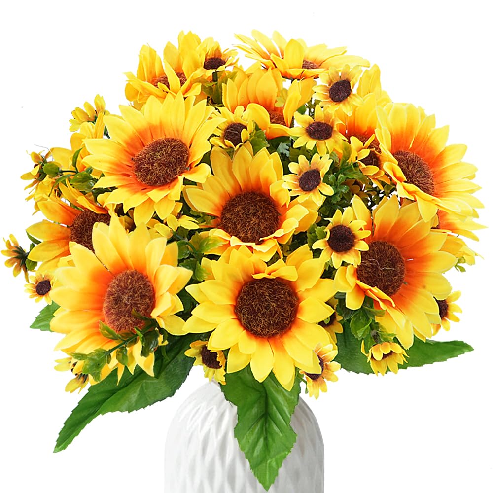 Luabue 4pcs Sonnenblumen Kunstblumen Deko Frühling Seidenblumen wie Echt Künstliche Blumen 32cm Plastikblumen Sonnenblumen für Vase Balkon Garten Tischdeko Hochzeit