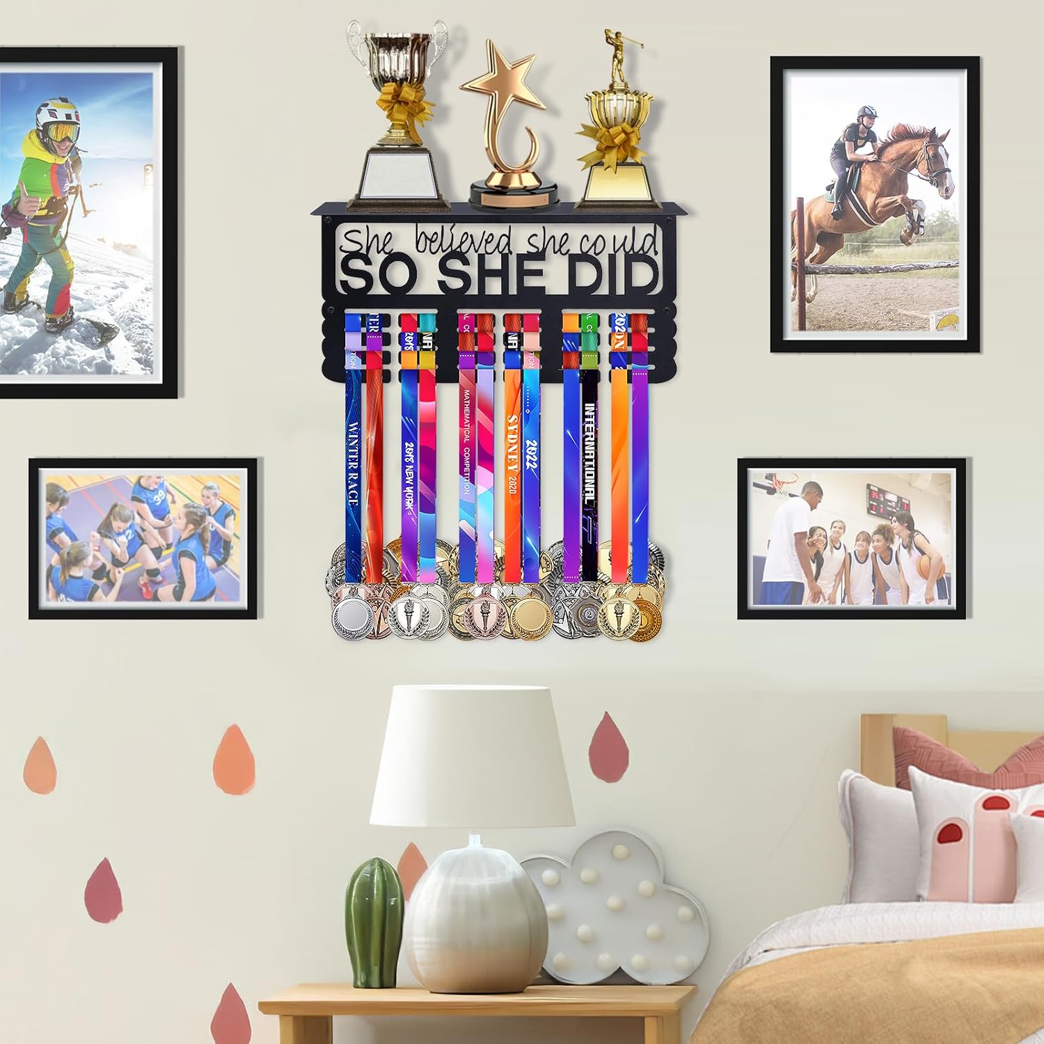 Biggun Metal Trophy&Medal Display Shelf - Easy to Install Medal Hanger with Trophy Shelf, Holder for Running Race Wrestling Medals