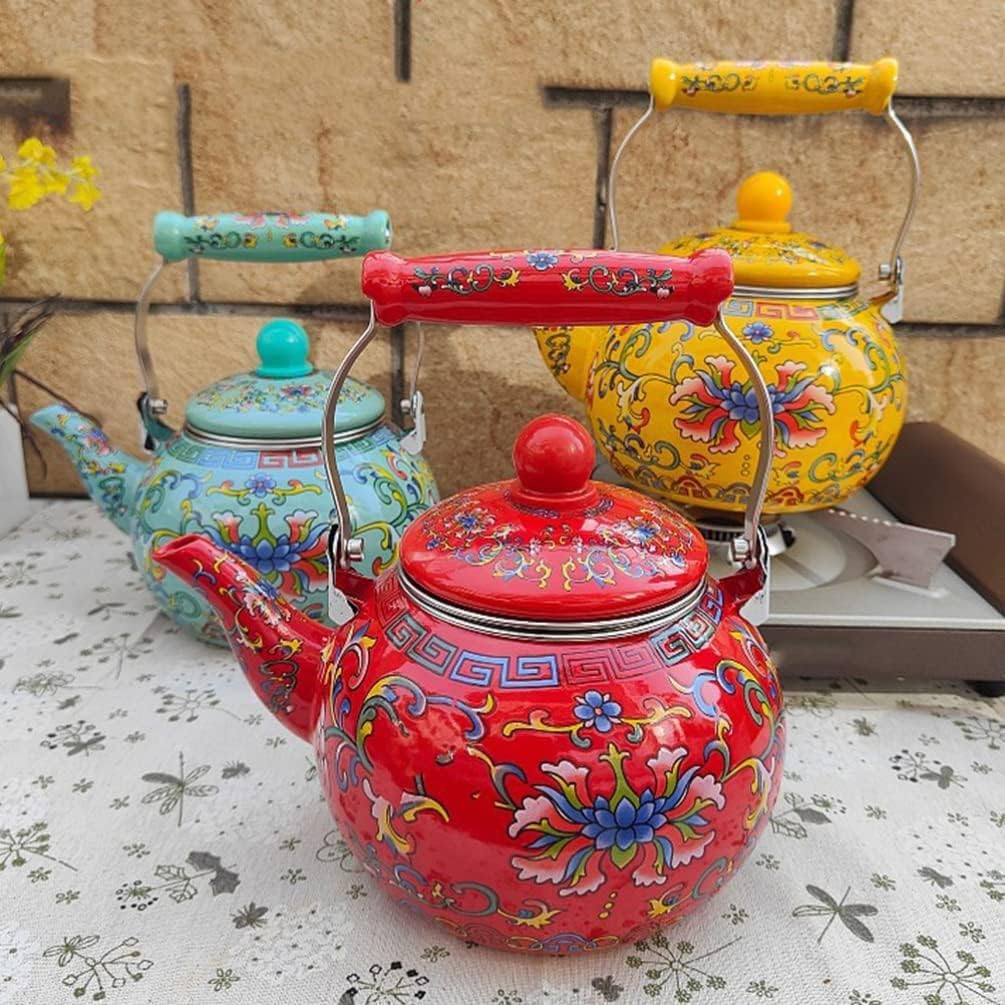 Enamel Tea Kettle, Ceramic Enamel Tea Kettle 2.5L Large Porcelain Enameled Teakettle Floral Teapot(Red)