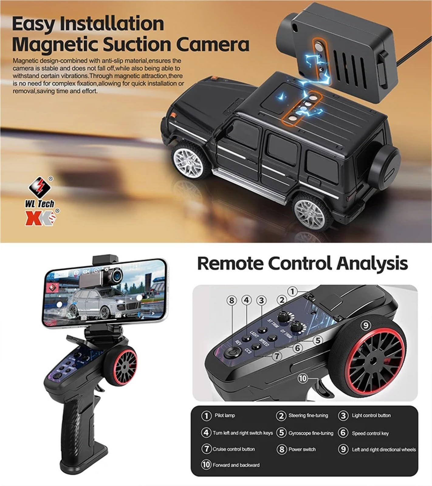 6405/6406-C 1:64 skala Mini FPV RC samochód z kamerą HD 720P, pilot zdalnego sterowania 2,4 GHz, transmisja wideo w czasie rzeczywistym, aplikacja/pilot zdalnego sterowania do wyścigów halowych