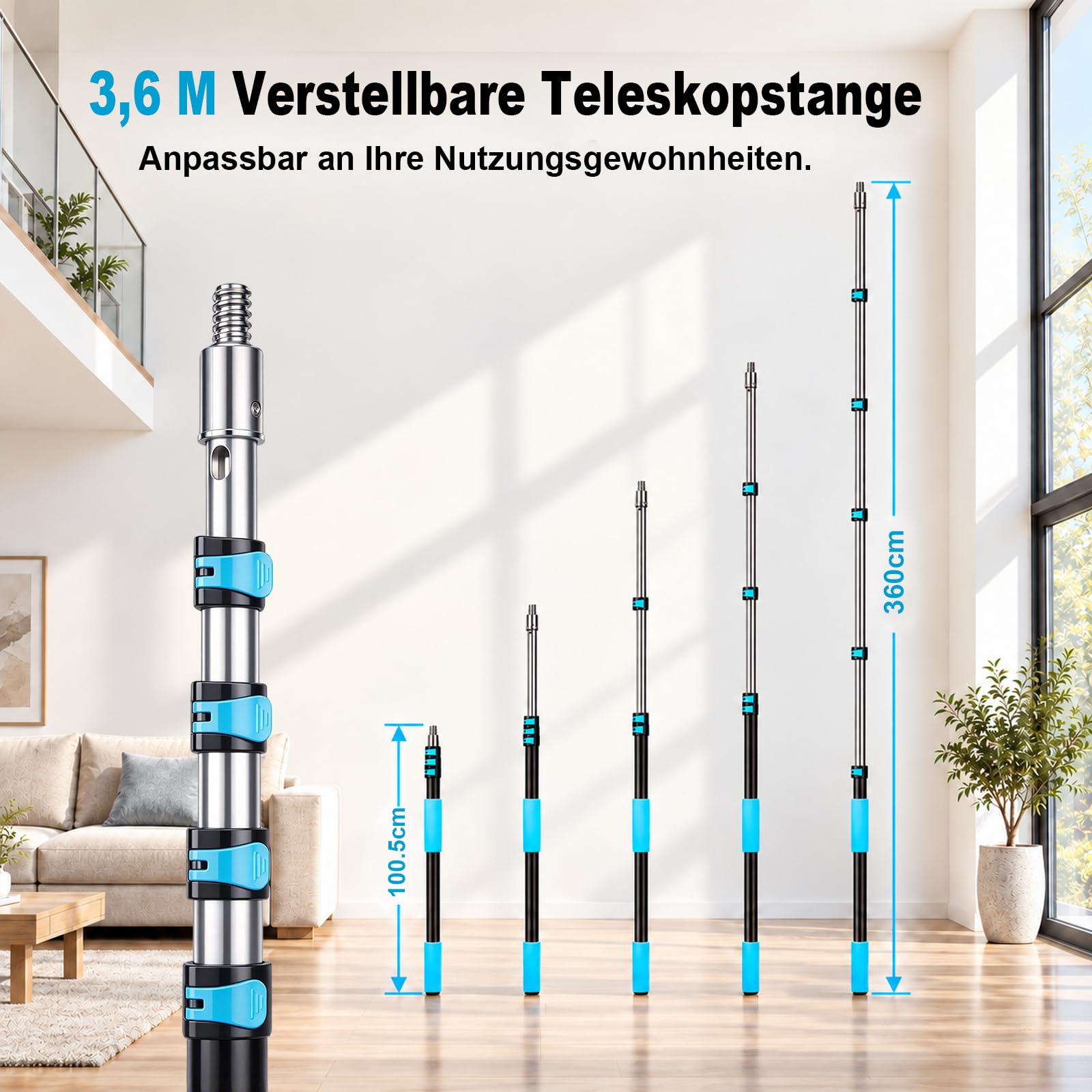 Teleskopstange Fensterreinigung 3,6 m, 5 Teilige Ausziehbare Aluminium Teleskopstangen mit Universalgewinde, Teleskopstiel für Maler, Decken, Wände, Garten, Autowäsche