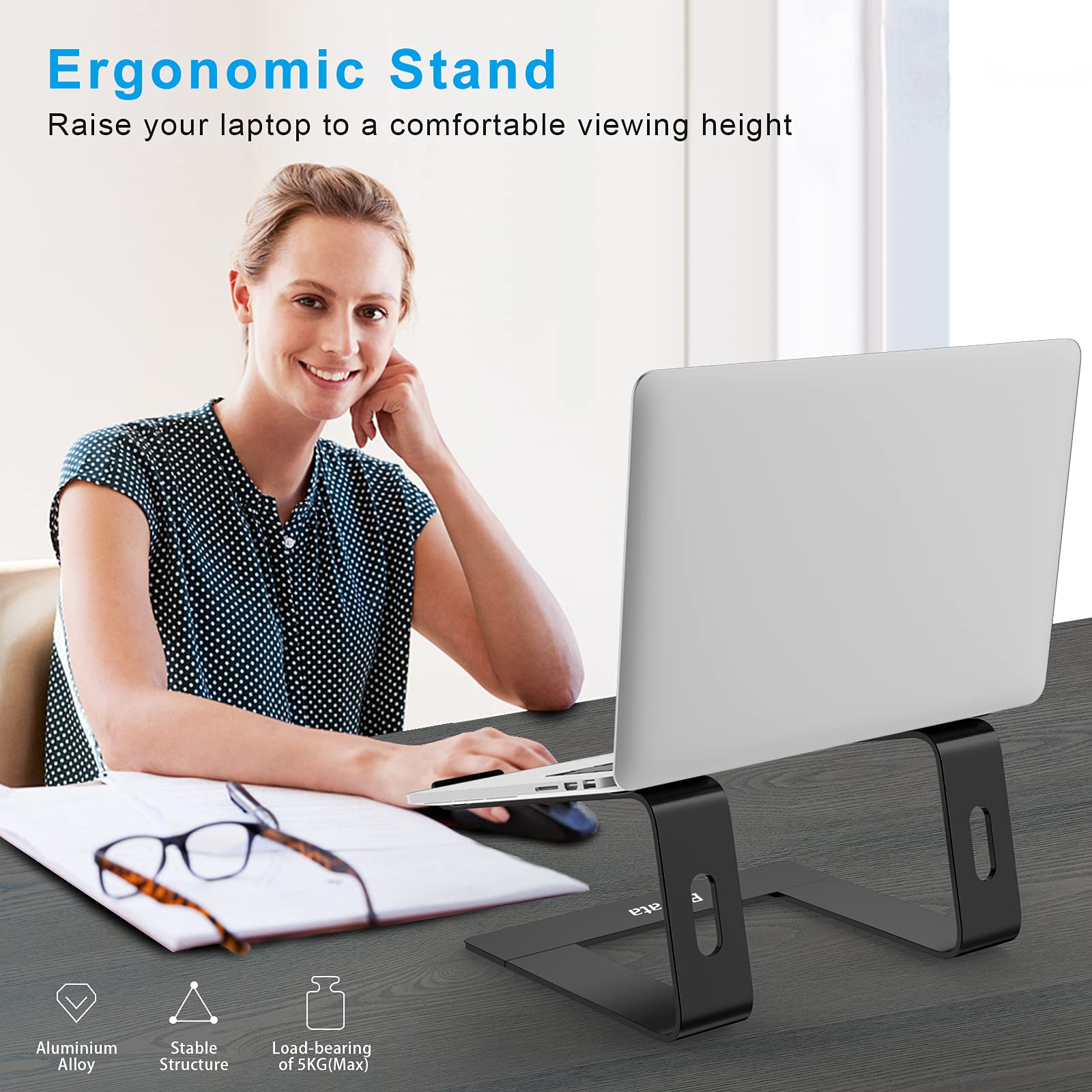 BoYata Soporte Portatil, Laptop Stand, Aluminio Soporte Laptop, Soporte Ordenador Compatible con MacBook, DELL, Samsung, HP de 11-15,6" Portátil