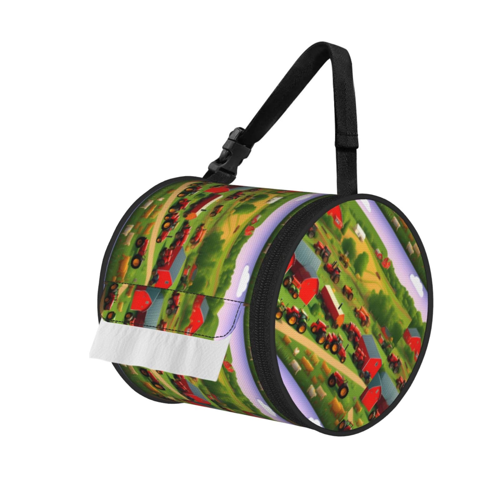 Jiuty Black Tractor Farm Print Cylinder Tissue Organizer Bag With Strap, Portable Toilet Roll Holder For Camping Car