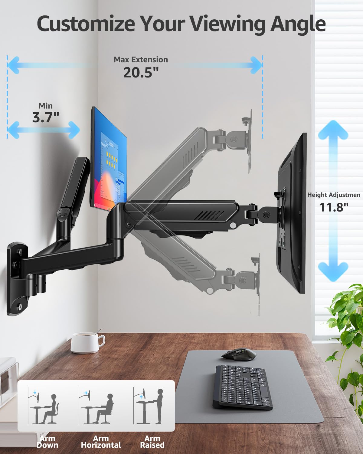 MOUNTUP Supporto da parete per doppio monitor per 2 schermi di computer da 32 pollici, braccio doppio completamente regolabile, supporto per monitor da parete supporto per monitor da 2 a 9 kg, staffa