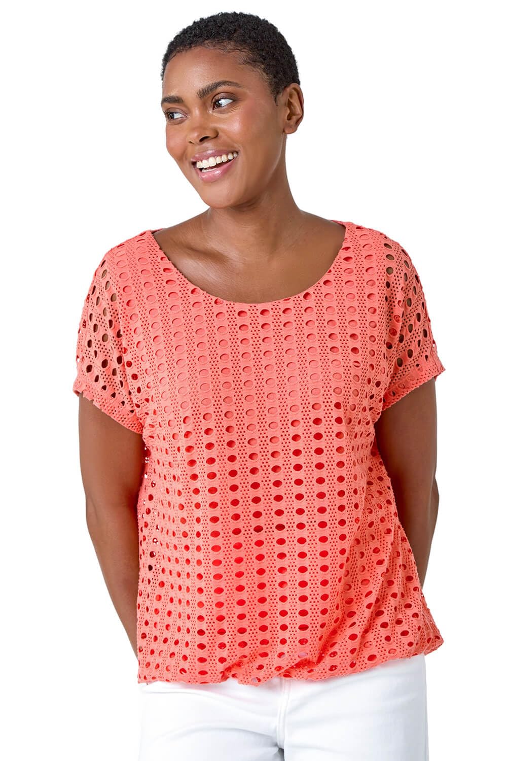 Roman Originals Women's Coral Cut Out Detail Stretch Top For Uk - Everyday Holiday Spring Summer Round Neckline Comfy Soft Evening Vacation Work Party - Size 14