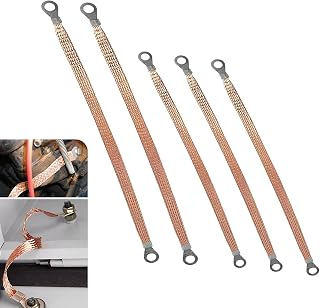 Engine Grounding Strap 10" 13" Copper Braided Flexible Cable Strap-Double Ended Splices for Automotive Multi-purpose Distribution Box Bridging Jumper Cables, General Purpose (Gold, Pack of 5)
