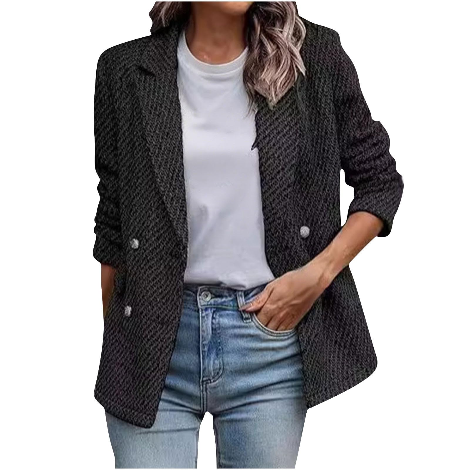 NZYIHAO Giacca da donna aperta sul davanti, elegante, a maniche lunghe, doppiopetto, sportiva, vestibilità normale, giacca da lavoro in tweed