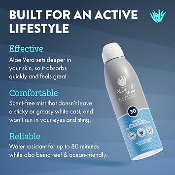 Aloe Up Sport Spray Sunscreen SPF 30 Broad Spectrum Sunblock with Hydrating Aloe Vera Gel Fast Absorbing, No White Cast, Water Resistant up to 80 Minutes, Fragrance Free 6 Oz