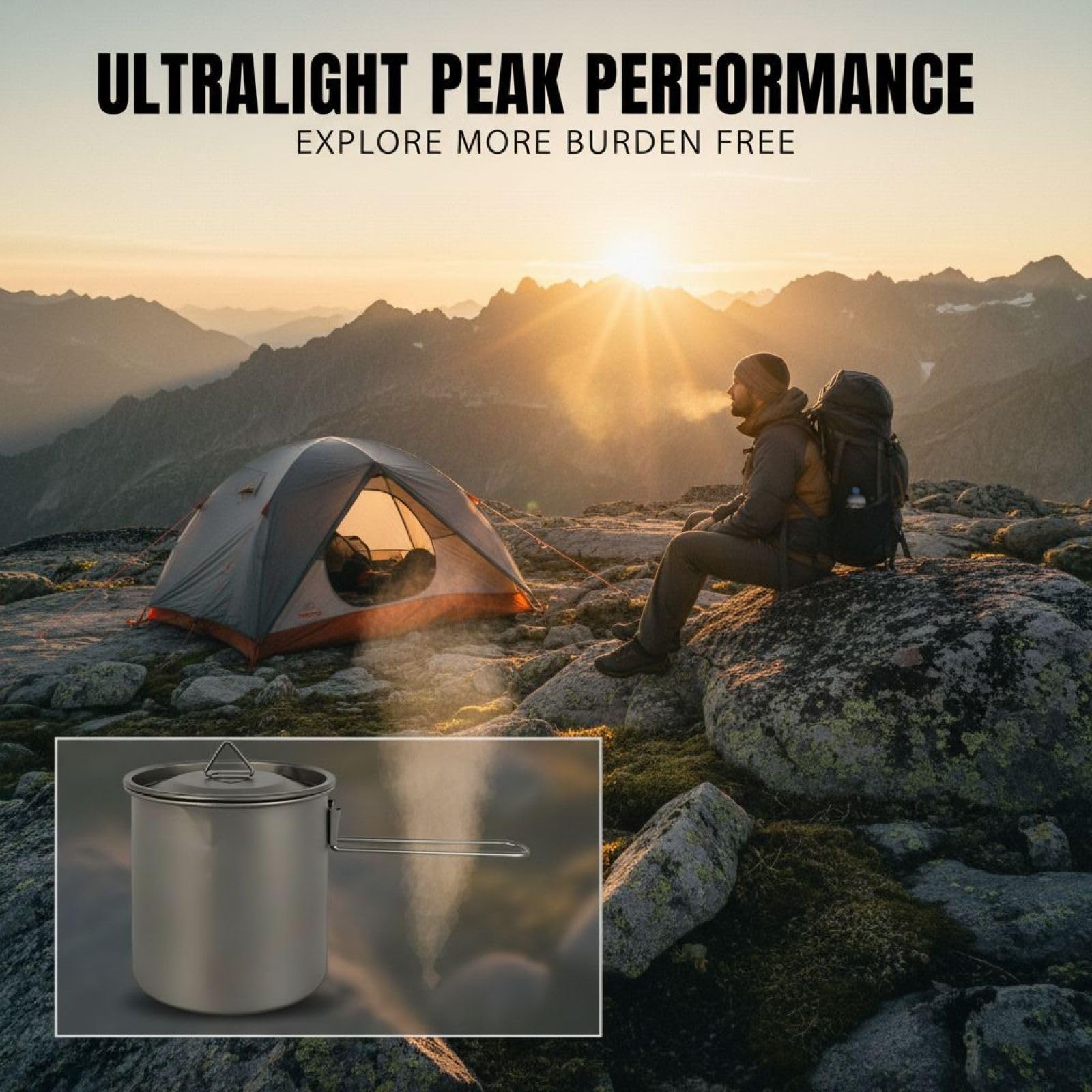 718.9 g / 750ml Reintitan Camping Kochtopf, Titan-Mundbecher mit klappbarem Griff, leicht 102.1 g / 103g, tragbar für Camping, Reisen, Picknick