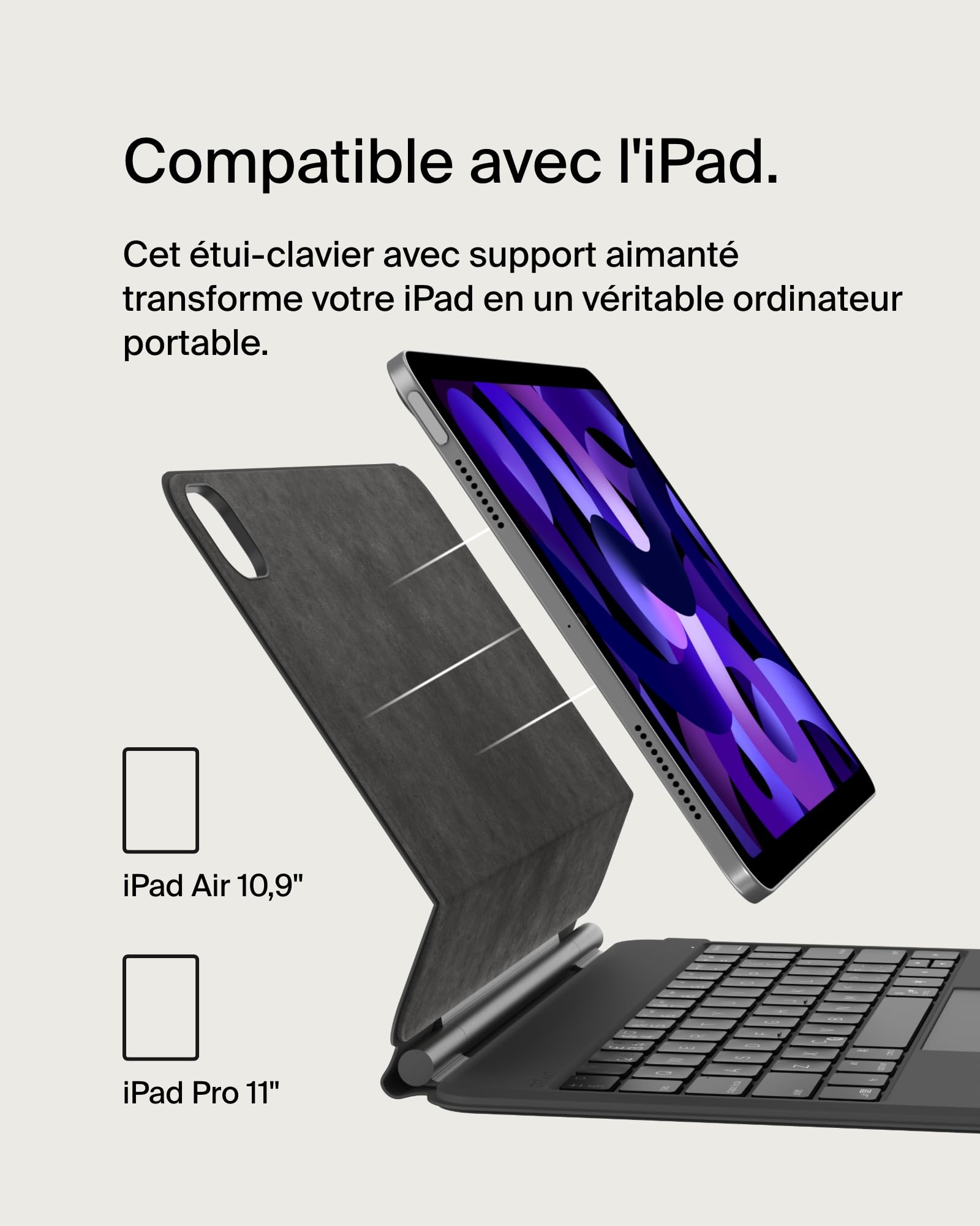 Belkin Pro Coque Clavier iPad avec support magnétique, touches Bluetooth rétroéclairées, gestes trackpad, support Apple Pencil, AZERTY, touches multimédia, pour iPad Air 11” M3/M4 et Pro 11”